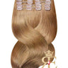 Clip-In Echthaarsträhnen Deluxe Line in Hellbraun-Karamell, Länge 60–70 cm ausgebreitet zur Ansicht – Rubin Extensions®