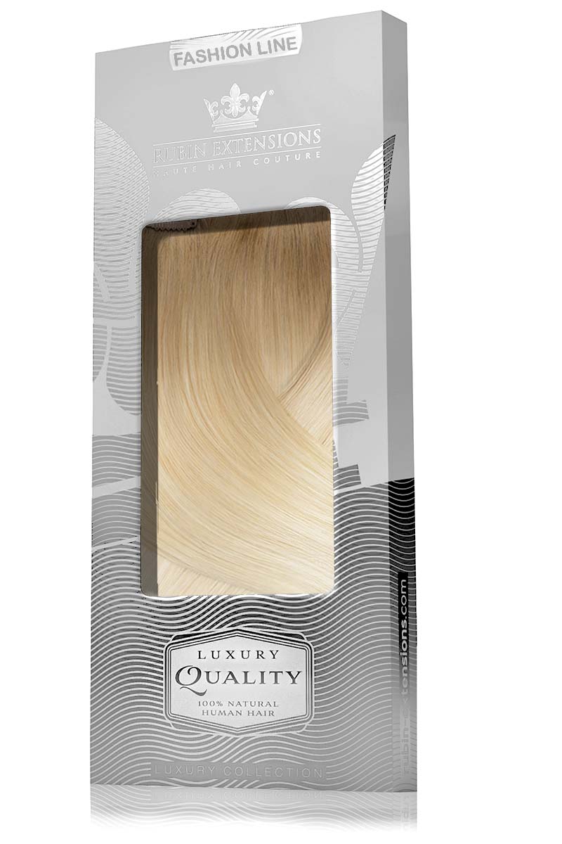 Luxuriöse Verpackung der Clip-in Extensions Fashion Line in Natur-Goldbraun & Hellblond – Rubin Extensions®