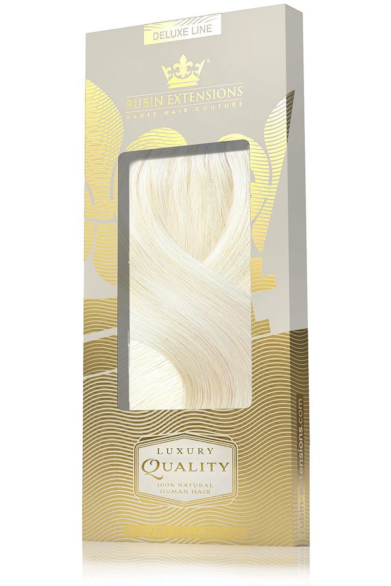 Luxuriöse Geschenkbox der Clip-In Extensions Deluxe Line in Platinblond, ideal zum Verschenken – Rubin Extensions®