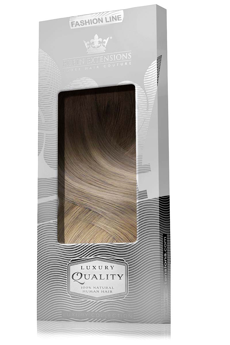 Verpackung der Clip-in Echthaarsträhnen Fashion Line in Schoko-Dunkelbraun & Honigblond – Rubin Extensions®