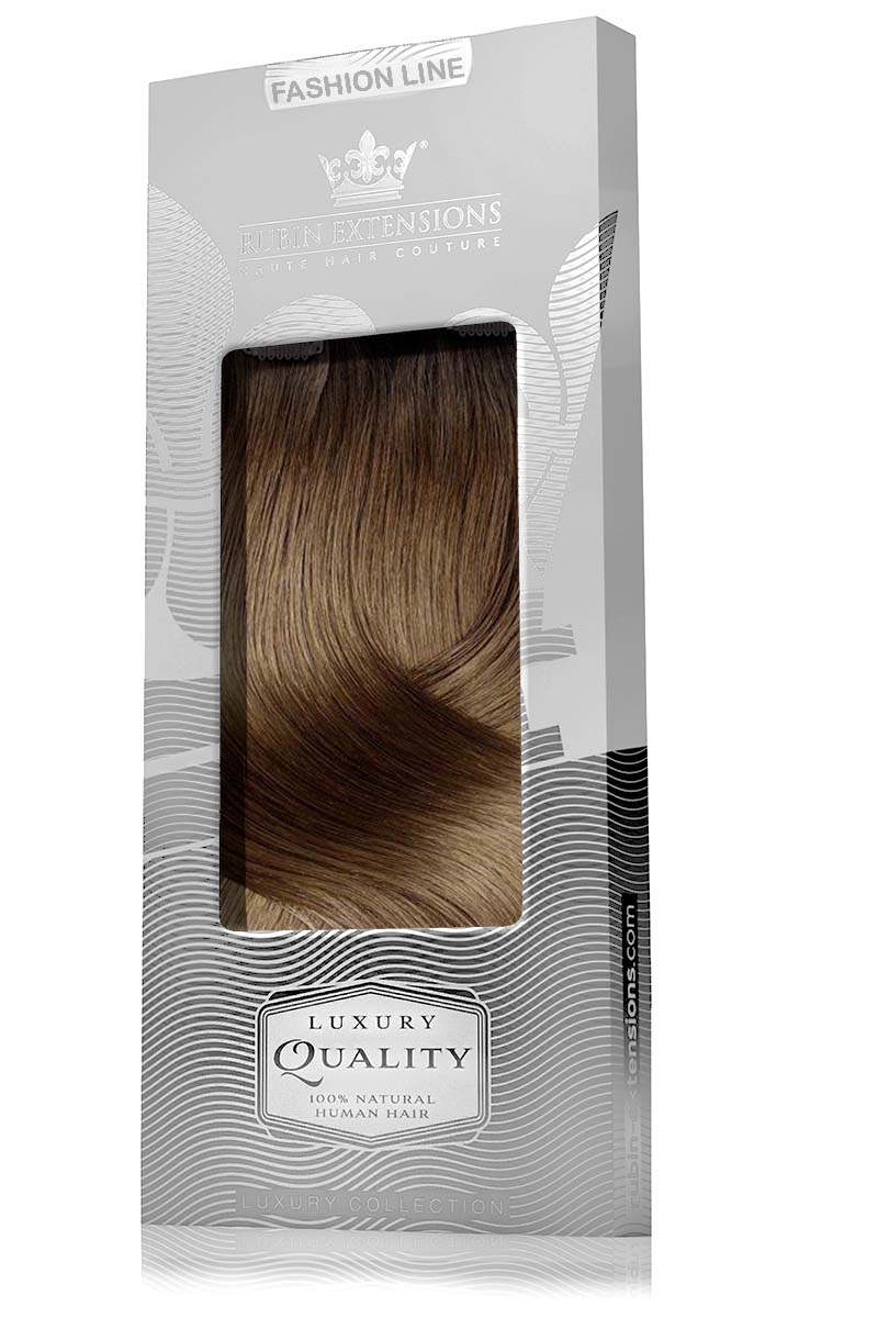 Verpackung der Clip-in Extensions mit kurzem Ansatz in Schoko-Dunkelbraun & Hellbraun-Karamell – Rubin Extensions®