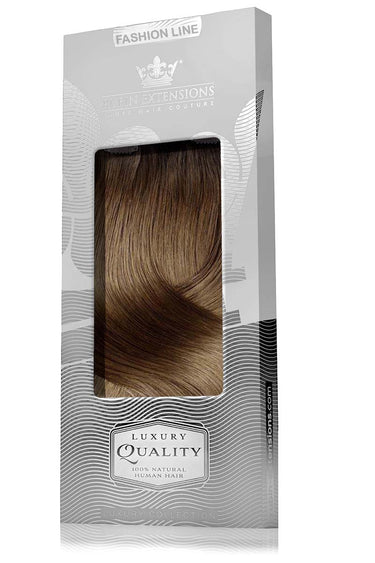 Verpackung der Clip-in Extensions mit kurzem Ansatz in Schoko-Dunkelbraun & Hellbraun-Karamell – Rubin Extensions®