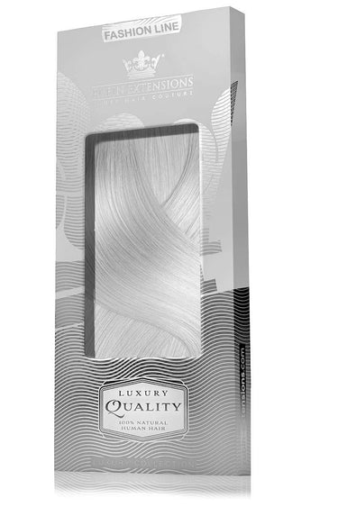 Produktverpackung der Clip-In Echthaar Extensions Silberblond, Fashion Line – Rubin Extensions®