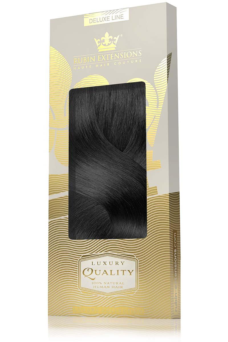 Edle Geschenkverpackung mit Rubin Extensions Markenlogo für Clip-In Echthaar Extensions Schwarz, Deluxe Line – Rubin Extensions®