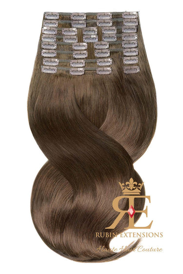 Clip-In Echthaar Extensions Schoko-Dunkelbraun, Deluxe Line, 60–70 cm, 100% Echthaar – Rubin Extensions®