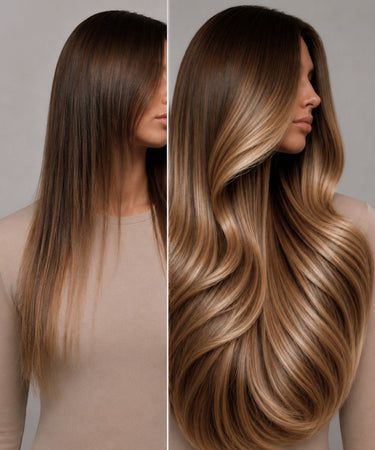 Frau mit langen, vollen Echthaar Extensions in Zürich, Schweiz – Rubin Extensions®
