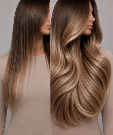 Vorher-Ansicht: Frau mit dünnem Naturhaar vor der Anwendung von Rubin Extensions Echthaar Extensions – Rubin Extensions®