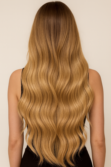 Lifestyle-Aufnahme einer Frau mit Halo Haarteil in Hellbraun-Karamell – Rubin Extensions®