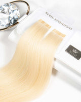 Geschenkverpackung der Keratin Bondings Haarsträhnen in Goldblond, Premium Line – Rubin Extensions®