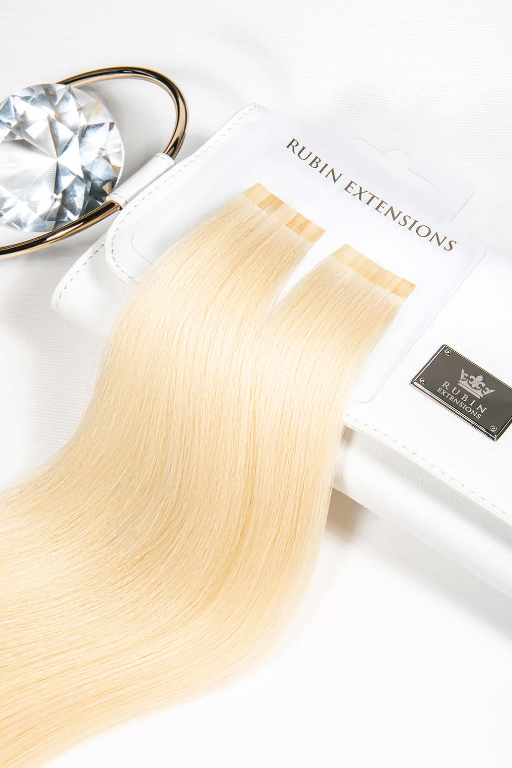 Geschenkverpackung der Keratin Bondings Haarsträhnen in Goldblond, Premium Line – Rubin Extensions®