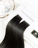 Verpackung der Keratin Bondings Haarsträhnen in Schwarz-Braun, Premium Line 100% Echthaar – Rubin Extensions®