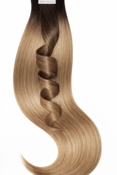 Tape-in Extensions mit kurzem Ansatz in Schwarz & Hellbraun-Karamell, 40–50 cm, 100% Echthaar – Rubin Extensions®