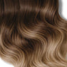 Detailansicht des Haaransatzes der Clip-in Extensions in Schwarz-Braun & Hellbraun-Karamell, Fashion Line – Rubin Extensions®