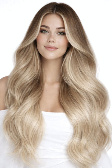Model mit Clip-in Extensions in Natur-Goldbraun & Hellblond im Sonnenlicht, 100% Echthaar – Rubin Extensions®