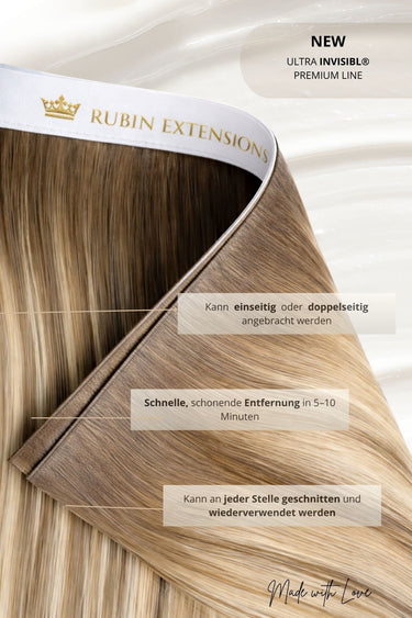 Anbringungsvarianten und Längenübersicht der Genius Wefts Kastanien-Dunkelbraun, 25–55 cm – Rubin Extensions®