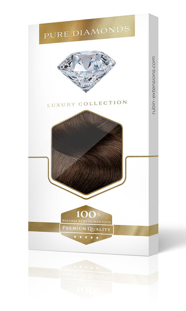 Hochwertige Verpackung der Clip-In Extensions Diamond Line in Kastanien-Dunkelbraun – Rubin Extensions®