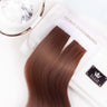 Geschenkverpackung der Keratin Bondings Haarsträhnen in Mahagoni-Braun, Premium Line – Rubin Extensions®