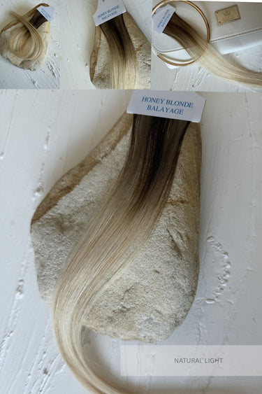 Nahaufnahme der Balayage-Strähnen in Honey-Blond bei natürlichem Licht, Genius Weft Tresse – Rubin Extensions®