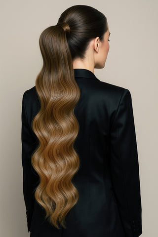 Rubin Extensions Ponytail aus 100% Echthaar 56cm - Schoko-Dunkelbraun & Hellbraun Karamell