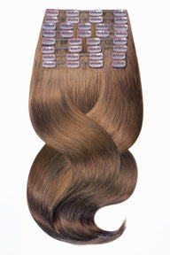 Clip-In Echthaar Extensions Deluxe Line in Natur-Goldbraun, 170 Gramm Volumen, Länge 60–70 cm, 100% Echthaar – Rubin Extensions®