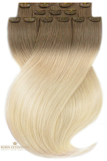 Clip-in Echthaartresse flach ausgelegt in Natur-Goldbraun & Hellblond, Fashion Line, kurzer Ansatz – Rubin Extensions®