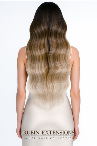 TAPE-IN EXTENSIONS ECHTHAAR  SOMBRÉ-BALAYAGES, Schoko-Dunkelbraun & Silberblond