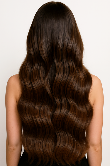 Elegantes Model präsentiert glänzende Kastanien-Dunkelbraun Haarverlängerung im natürlichen Licht – Rubin Extensions®