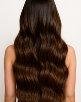 Model von hinten mit Tape-In Extensions Invisible Line in Kastanien-Dunkelbraun – Rubin Extensions®