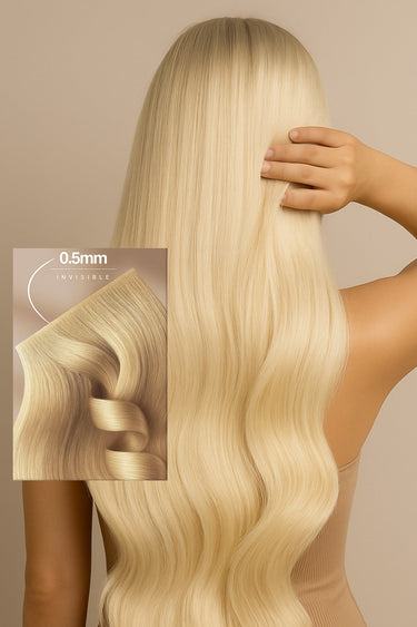 Model im Sonnenlicht mit Tape-in Extensions in Hellbraun-Karamell, Remy Qualität Echthaar – Rubin Extensions®