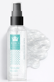 Nahaufnahme des Spezial Serum Fluid gegen Frizz für glänzendes Echthaar, 50ml – Rubin Extensions®