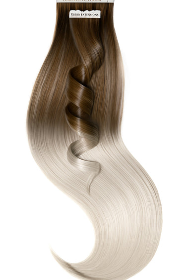 Tape-in Extensions im Sombre-Verlauf Schoko-Dunkelbraun & Silberblond, edle Produktansicht – Rubin Extensions®