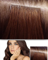 Model im Alltagslook mit Tape-In Extensions in Schoko-Dunkelbraun – Rubin Extensions®