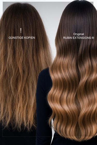 Gegenüberstellung von Original- und Kopie-Verpackung bei Clip-In Extensions Hellbraun-Karamell – Rubin Extensions®