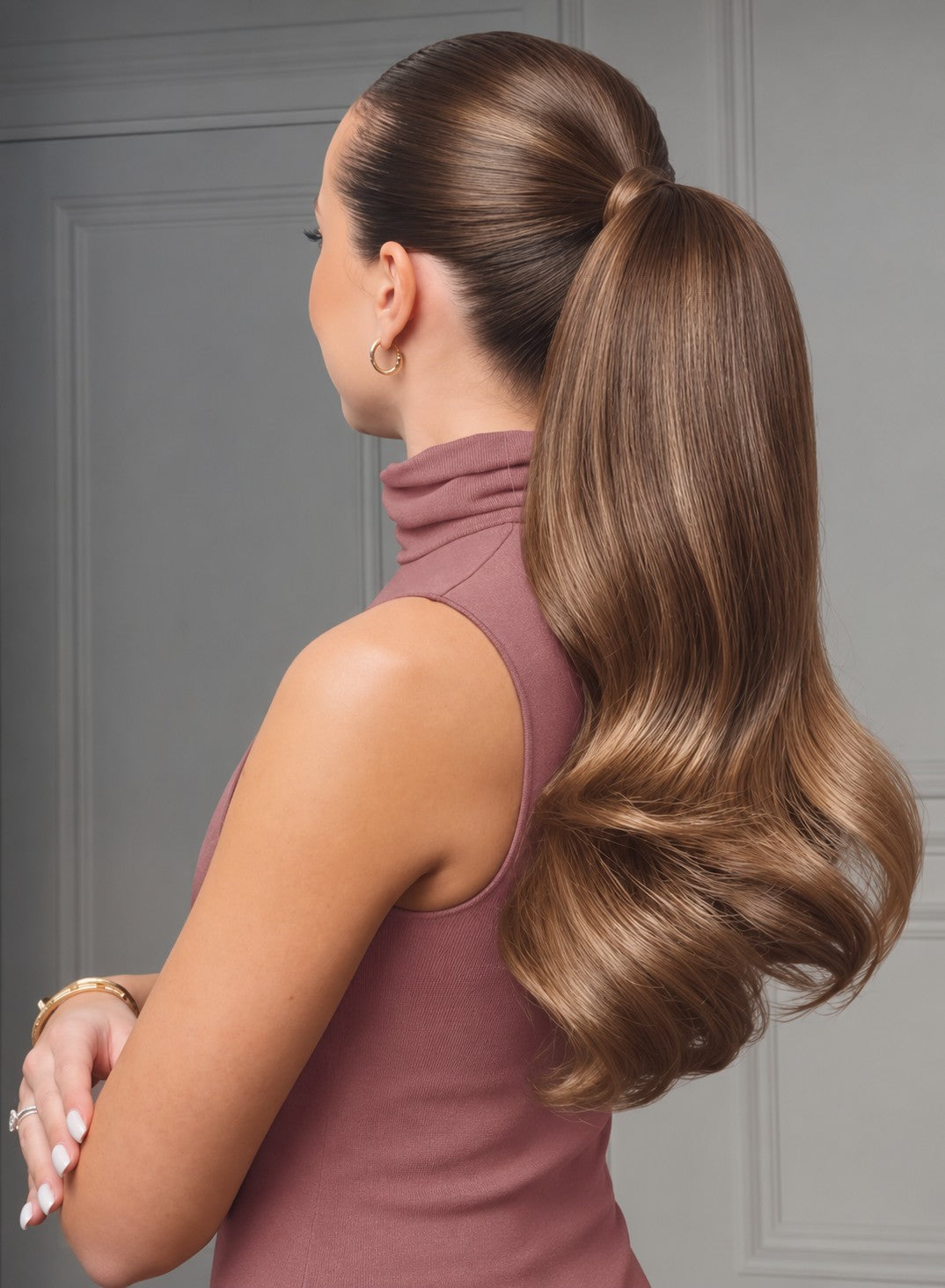 Rubin Extensions Ponytail in Schoko-Dunkelbraun-Hellbraun-Karamell – Stylingansicht am Model