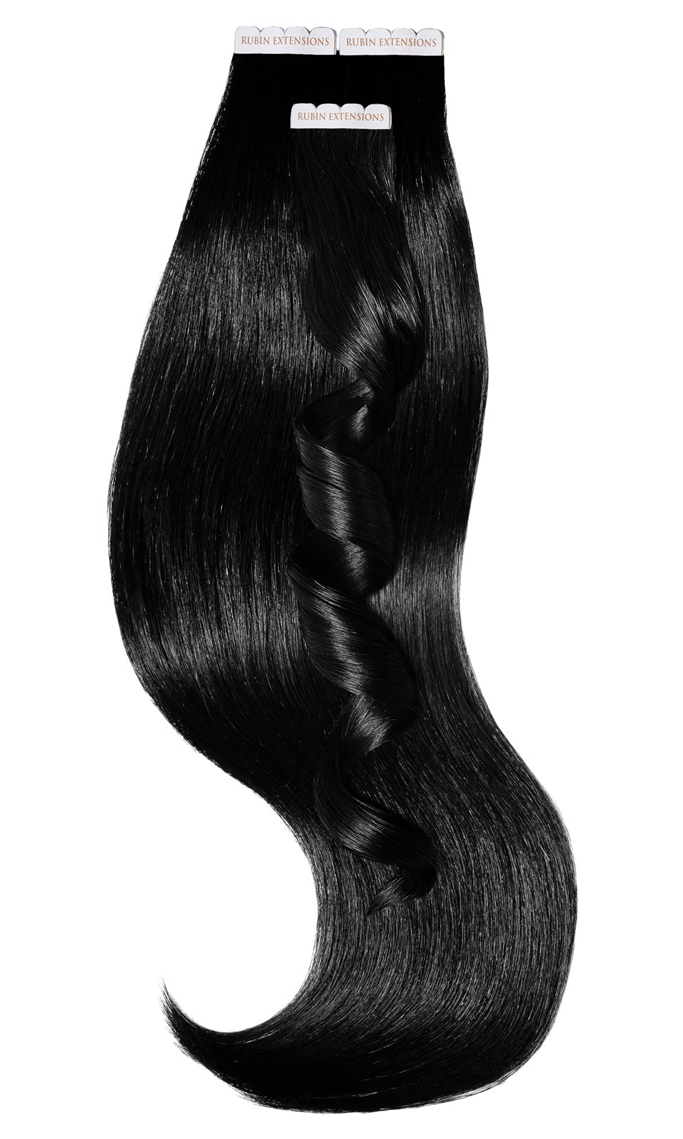 Ganzheitliche Ansicht der unsichtbaren Tape-In Extensions in Schwarz, Excellence Line, 35–55 cm – Rubin Extensions®