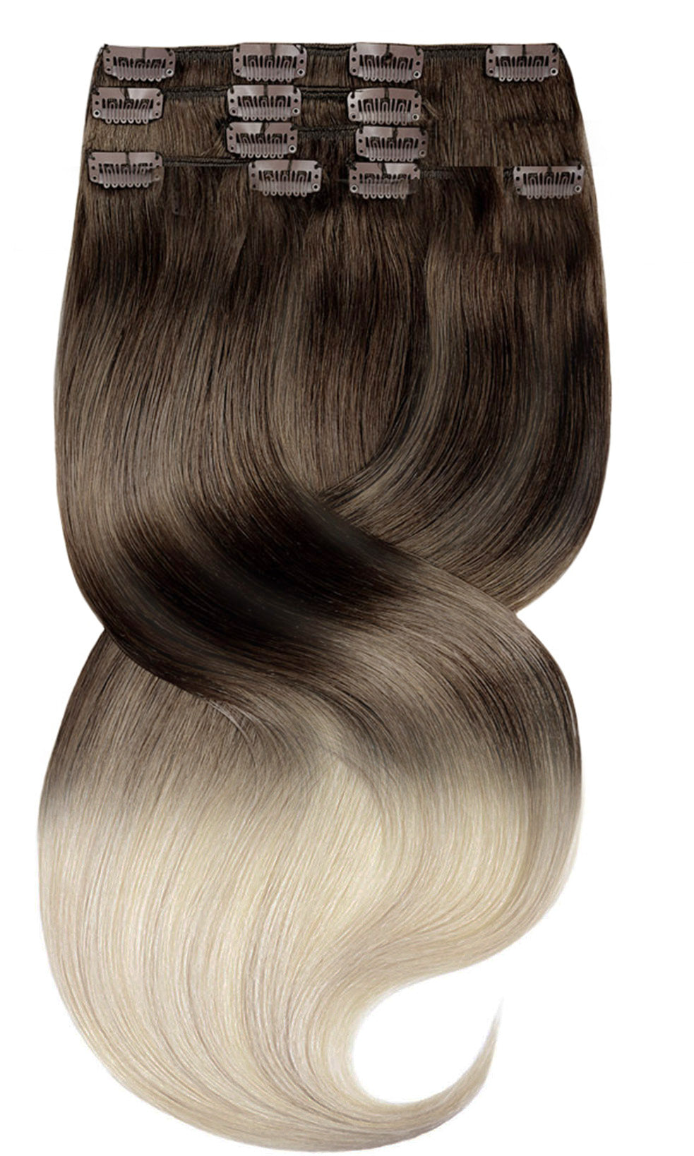Nahaufnahme des glänzenden Balayage-Farbübergangs Schoko-Dunkelbraun zu Hellblond, 100% Echthaar – Rubin Extensions®