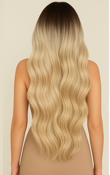 Model Rückansicht mit Clip-In Extensions im Farbton Sombre Beige – Rubin Extensions®