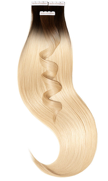 Verpackung der Tape-in Extensions Deluxe Line in Kastanien-Dunkelbraun & Honigblond, 100% Echthaar – Rubin Extensions®
