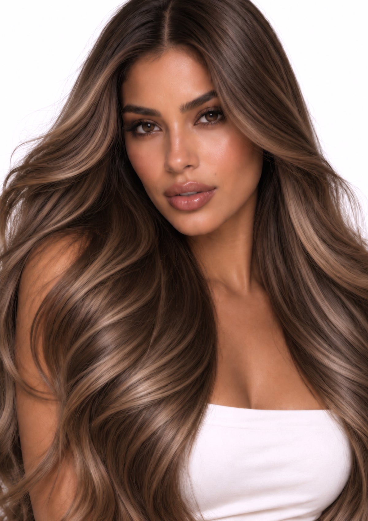 Model mit langem, glänzendem Haar in Luis Velvet Brown – Genius Wefts Echthaar Extensions von Rubin Extensions®