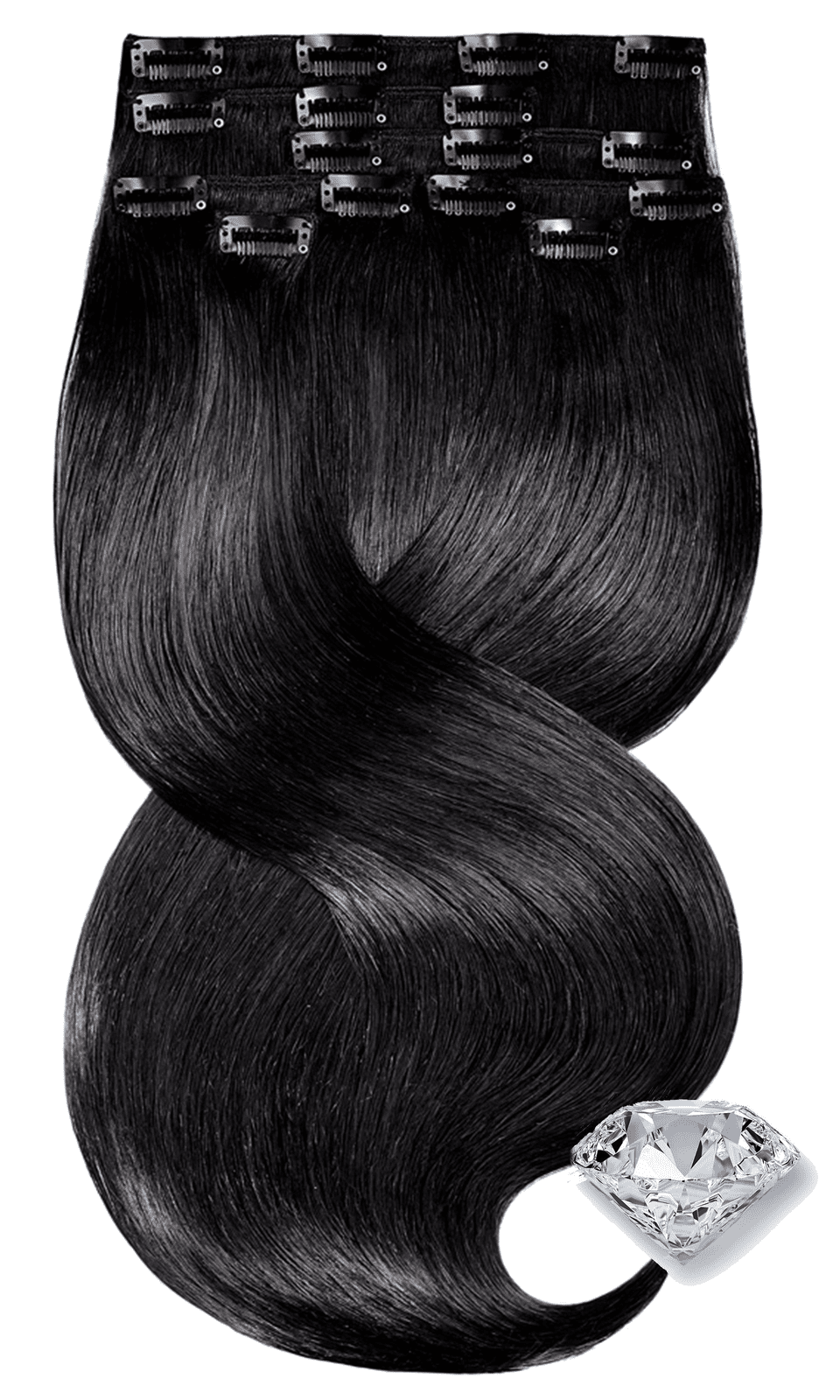 Tressen-Set der Clip-in Extensions Pure Diamond Line in Schwarz, glänzendes Remy-Echthaar – Rubin Extensions®