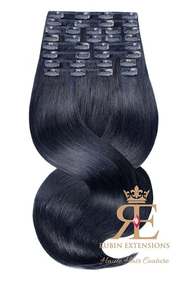 Aufgefächertes Tressen-Set der Clip-In Echthaar Extensions Schwarz, Deluxe Line, 100% Echthaar in Remy Qualität – Rubin Extensions®