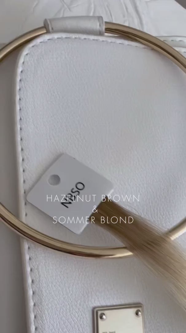 Nahaufnahme Farbprobe Hazelnut-Brown & Sommerblond für Genius Wefts