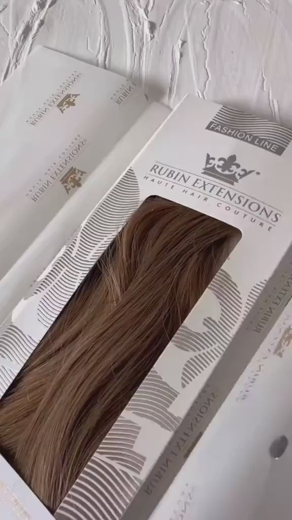 Rubin Extensions – Clip-in Echthaarsträhnen Natur-Goldbraun & Hellblond in eleganter Verpackung