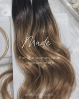 Rubin Extensions – Close-up glänzendes Echthaar in Schwarz & Cool-Braun, echtes Human Hair