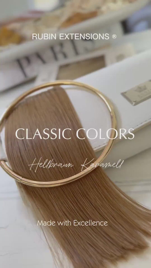 Rubin Extensions – Nahaufnahme Farbprobe Hellbraun-Karamell für Tape-in Extensions