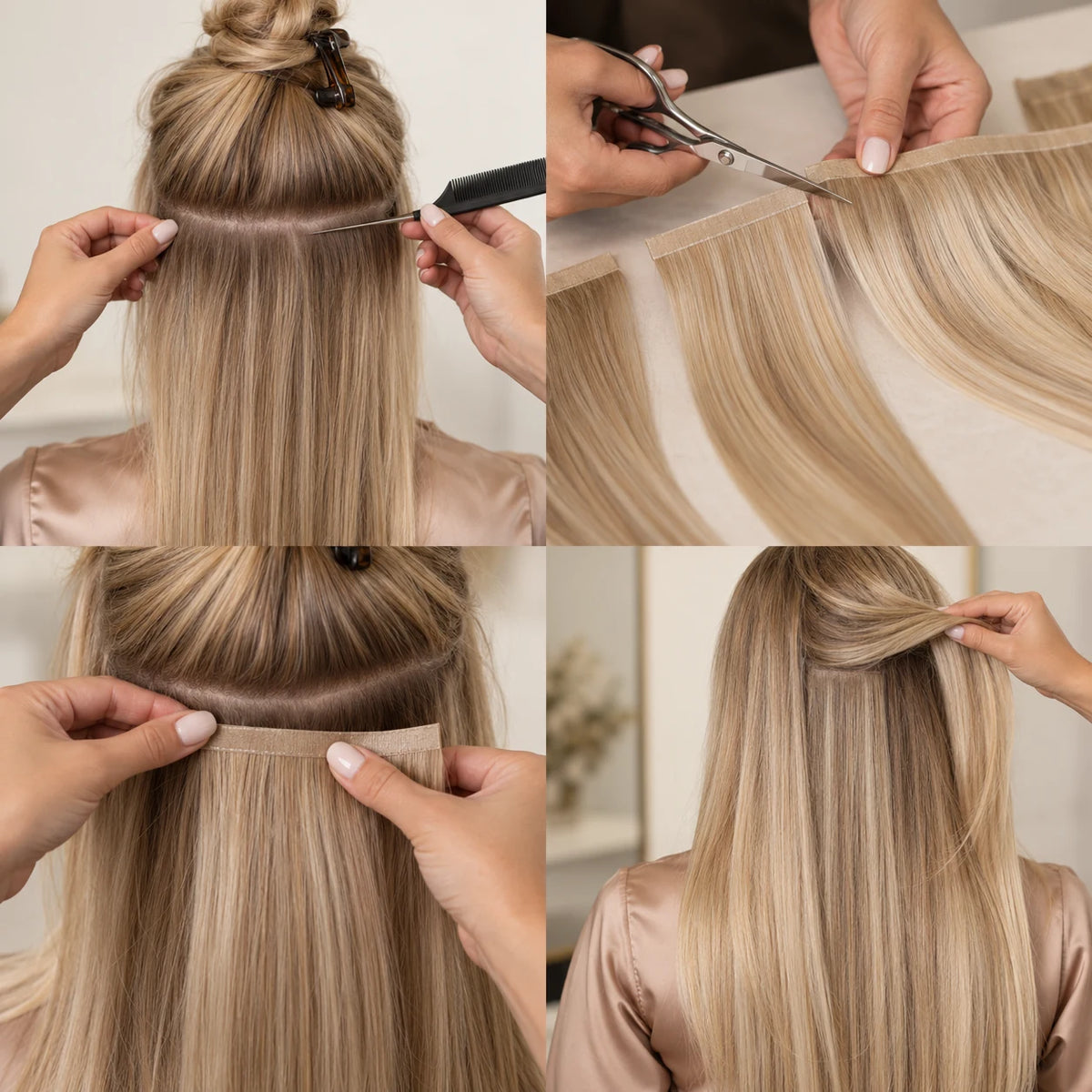 Das Deckhaar fällt über flach befestigte Genius Tape-in Wefts.