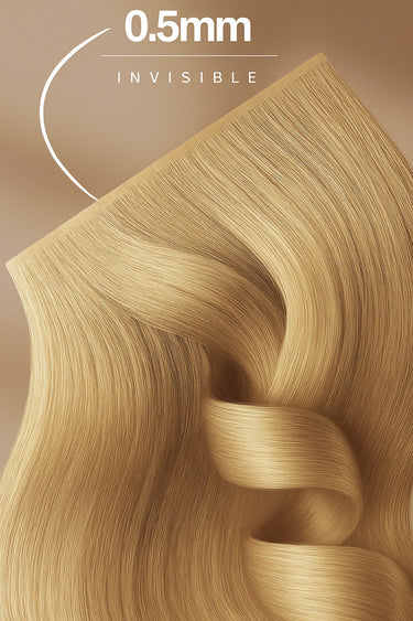 Nahaufnahme des glänzenden Echthaars in Platinblond, unsichtbare Tape-In Technik – Rubin Extensions®