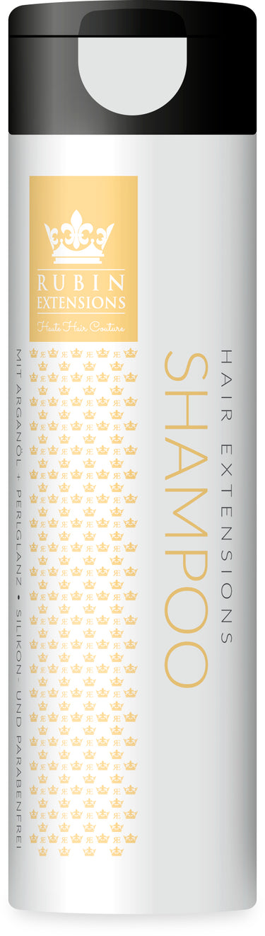 Extensions Pflegeshampoo 250ml, Flaschenansicht mit Etikett – Rubin Extensions®