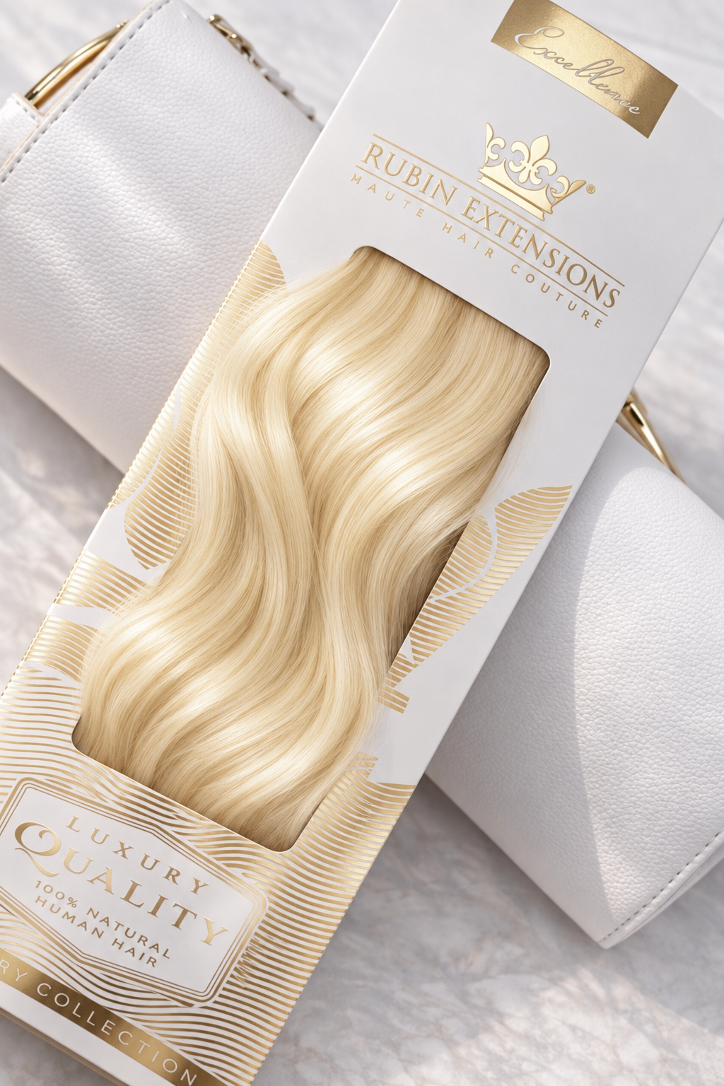 Rubin Extensions Tape-in Excellence Line in Goldblond, mit seidigen Wellen in einer weiss-goldenen Verpackung.