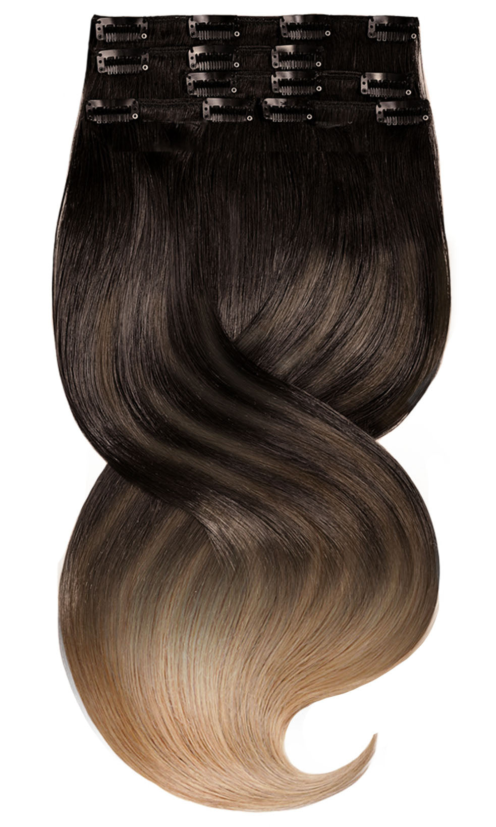 EXTENSIONS À CLIPS OMBRÉ BALAYAGE Noir-Marron & Marron Clair-Caramel